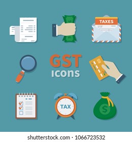 GST Icons. Set Of Finance Flat Color Icons. Tax Payment. Goods And Service Tax. Clipboard, Money, Envelope, Magnifying Glass, Alarm Clock, Bag With Money, Credit Card, Invoice, Bill. Vector