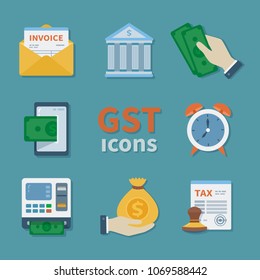 GST icons. Set of Finance flat color icons. Tax payment. Goods and service tax. Envelope, invoice, ATM, tax form, stamp, alarm clock, money, phone, bank, money bag. Vector