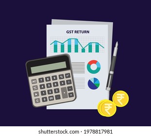 GST Return Vector Illustration. Goods And Services Tax Abstract With Calculator, Graph And Charts