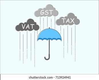 GST, VAT, TAX concept. Illustration of umbrella protect from raining all taxes.