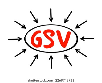 Valor bruto de venta de GSV - valor de todas las transacciones de ventas de una empresa durante un período de tiempo especificado sin tener en cuenta deducciones, acrónimo de texto con flechas