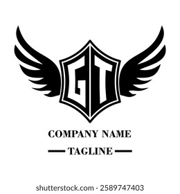 GT A bold winged shield emblem with customizable initials A-Z. Sleek black-and-white vector, perfect for branding, sports teams, motorcycle clubs, gaming,apparel and High-quality
