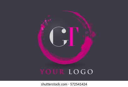 GT Circular Letter Brush Logo. Pink Brush with Splash Concept Design.