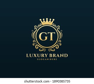 GT Initial Letter Gold calligraphic feminine floral hand drawn heraldic monogram antique vintage style luxury logo design.
