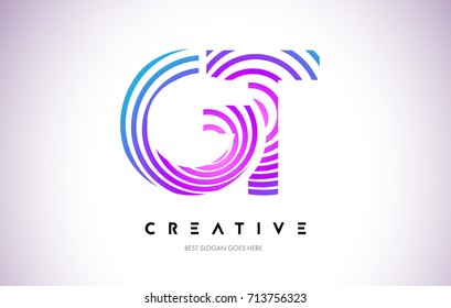 GT Lines Warp Logo Design.Vector Letter Icon Made with Purple Circular Lines.