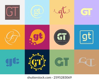 GT logo company template. Letter g and t logotype. Set different classic serif lettering and modern bold text with design elements. Initial font typography. Collection trendy business identity.
