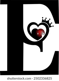 gtafis vector illustration, letter E design contains a picture of hands hugging a heart and a crown, suitable for use as an initial tattoo design 