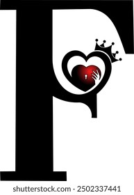 gtafis vector illustration, letter F design contains a picture of hands hugging a heart and a crown, suitable for use as an initial tattoo design 