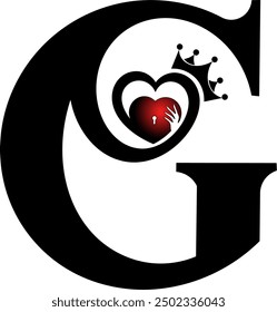 gtafis vector illustration, letter G design contains a picture of hands hugging a heart and a crown, suitable for use as an initial tattoo design 