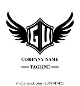 GU A bold winged shield emblem with customizable initials A-Z. Sleek black-and-white vector, perfect for branding, sports teams, motorcycle clubs, gaming,apparel and High-quality
