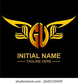 GU Golden Wing Emblem Logo with elegant gold wings, sleek and modern design. Ideal for branding, creative projects, luxury businesses, or artistic ventures.