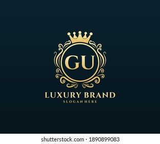 GU Initial Letter Gold calligraphic feminine floral hand drawn heraldic monogram antique vintage style luxury logo design.