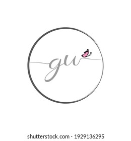 GU initial letter handwriting logo design with butterfly