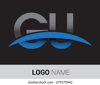 GU initial logo company name colored grey and blue swoosh design.