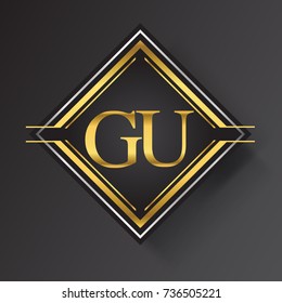 GU Letter logo in a square shape gold and silver colored geometric ornaments.