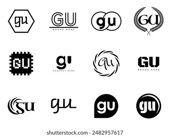 GU logo company template. Letter g and u logotype. Set different classic serif lettering and modern bold text with design elements. Initial font typography. Collection trendy business identity.