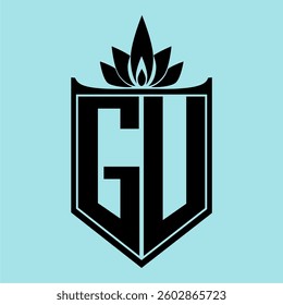 GU Logo featuring a minimalist design with a crown-like flower symbol on top, bold black elements, and a soft blue background, perfect for branding and modern visual identity.