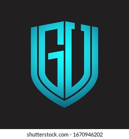 GU Logo monogram with emblem shield design isolated with blue colors on black background