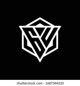 GU logo monogram with triangle and hexagon shape combination isolated on back and white colors
