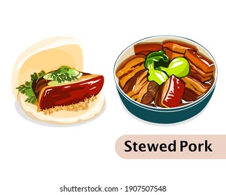 GUA BAO or  BRAISED PORK BELLY STEAMED BUNS. Isolated close up vector illustration.