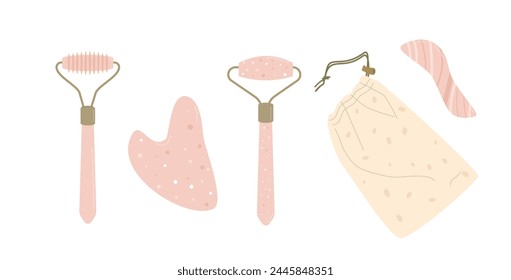 Gua sha beauty procedure with jade stone set. rollers and stone scrapping plate. Facial massage elements. Skincare spa rose quartz. Vector flat illustration isolated on white background.