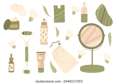 Gua sha beauty procedure with jade stone tools set. Facial massage routine elements. Skincare spa. Vector flat illustration isolated on white background