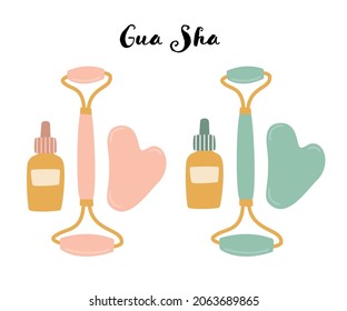 Juego de masajes faciales Gua Sha. Rollo de jade, rastrillo y aceite facial.