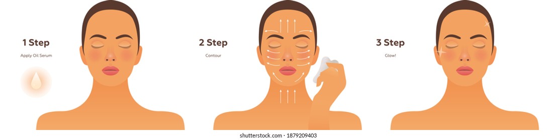 Gua Sha Facial Massage Steps. Modern Flat Vector Illustration. Website Template. Social Media Concept.