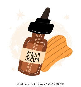 Gua sha or jade scraper and face beauty serum. Clean beauty, organic cosmetics, anti-aging routine concept. Cartoon vector isolated illustration.
