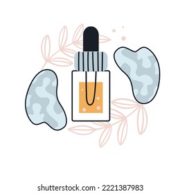 Gua-Scha- oder Jadeschabenkraper Gesicht Schönheitschirurserum. Schönheitsroutine, Alltagskarte, Anti-Aging-Routine-Konzept. Cartoon, Vektorgrafik einzeln.