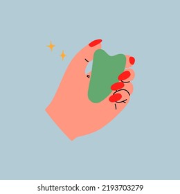 Gua Sha Jade Scraper. Hand Holding Guasha Massage Beauty Tool For Face, Neck Scraping, Skin Care.  Flat Vector Illustration 