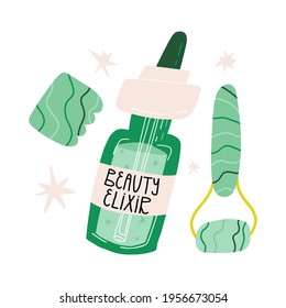 Gua Sha Or Jade Scraper And Roller And Face Beauty Elixir Serum. Beauty Routine, Everyday Skincare, Anti-aging Routine Concept. Cartoon Vector Isolated Illustration.