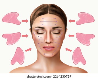 Gua sha massage composition with jade stone and realistic woman face vector illustration