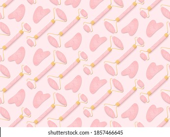 Gua Sha massage for face. Seamless pattern of stones and rollers. Acupuncture anti-aging traditional chinese medicine self care method. Home beauty routine. Vector flat illustration.