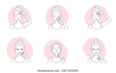 Gua sha massage, infographic line icons vector illustration. Hand drawn outline girls massage skin of face and neck with with jade or quartz stone massager, holding gua sha tool to draw along lines