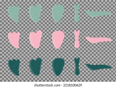 Gua Sha massage. Jade Stone Take care of your face. Preservation of youth. Facial skin care, youth and beauty.A set of tools Vector illustration.	