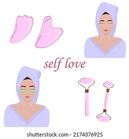 Gua Sha massage. Massage lines on the face, instructions on how to do facial massage.skin care vector illustration