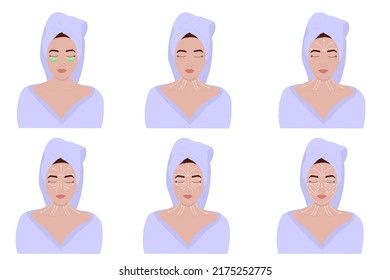 Gua Sha massage. Massage lines on the face, instructions on how to do facial massage.skin care vector illustration