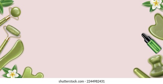Gua sha massage realistic composition with natural stone rollers scrapers and serum bottles on pale pink background vector illustration