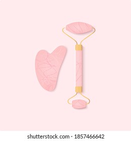 Gua Sha massage for skin. Rose quartz stones and rollers for facial massage. Acupuncture anti-aging traditional chinese medicine self care method. Home beauty routine. Vector flat illustration.