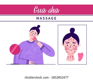 Gua Sha massage for skin. Woman uses rose quartz stone scraper for facial massage. Acupuncture anti-aging traditional chinese medicine self care method. Home beauty routine. Vector flat illustration.