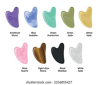 Gua sha massage tools made of rose quartz jade obsidian blue sodalite green aventurine amethyst tigers eye stone realistic composition isolated vector illustration