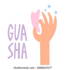 Gua sha rose quartz stone for facial massage. Guasha acupuncture treatment concept. Self care at home anti-age routine. Chinese therapy crystal in hand. Hand drawn flat illustration about beauty.