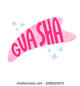 Gua sha Rose Quarz Texturstein für Gesichtsmassage. Guasha Akupunktur-Konzept. Selbstversorgung zu Hause Anti-Age-Routine. Handgezeichnete Schrift in chinesischer Kristallform.