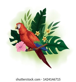 Guacamaya Exotic bird on branch with tropical flowers drawing vector illustration