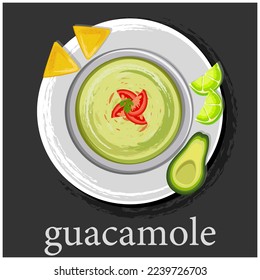 Guacamole. Aguacate, tomates, nachos de cal. Guacamole con chips de tortilla en un plato. Salsa mexicana tradicional. Cocina latinoamericana.