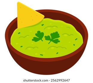 Guacamole bowl with corn tortilla chip (nacho) cartoon drawing. Isolated vector clip art illustration.