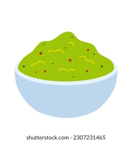 Guacamole. Bowl of mexican avocado and spice sauce. Hand-drawn colored flat vector illustration isolated on white background.