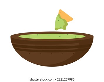 guacamole bowl and nachos on white background