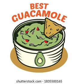 Guacamole in bowl with nachos tortilla chip, good for fast food and restaurant logo 
